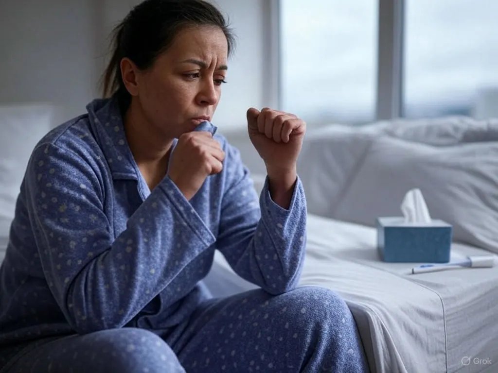 Diagram showing common HMPV symptoms such as cough, fever, and nasal congestion