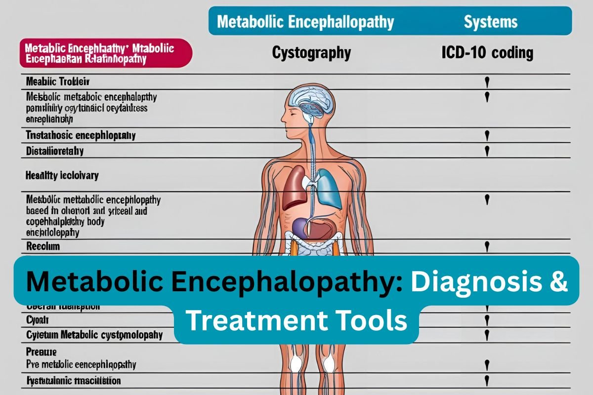 Medical chart showing the relationship between metabolic encephalopathy, body systems, and diagnostic tools like cystography and ICD-10 coding.