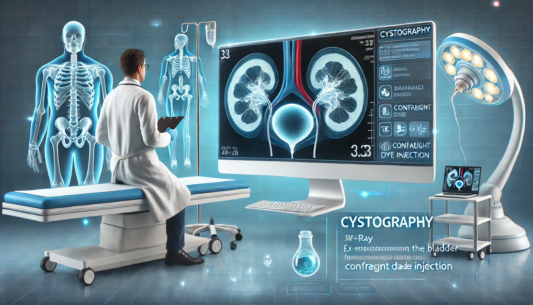 Cystography diagnostic imaging showing contrast-enhanced bladder exam procedure